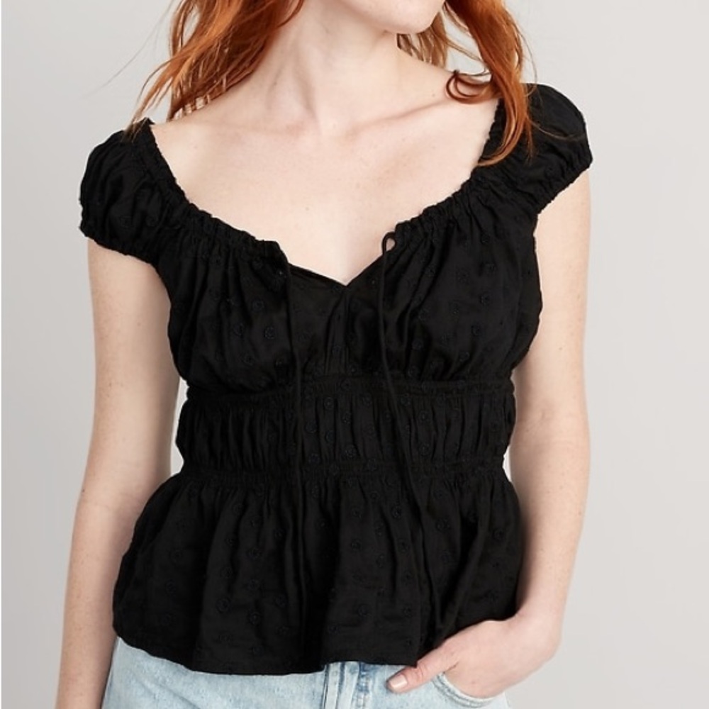 Black Puff Sleeve Smocked Top Size M